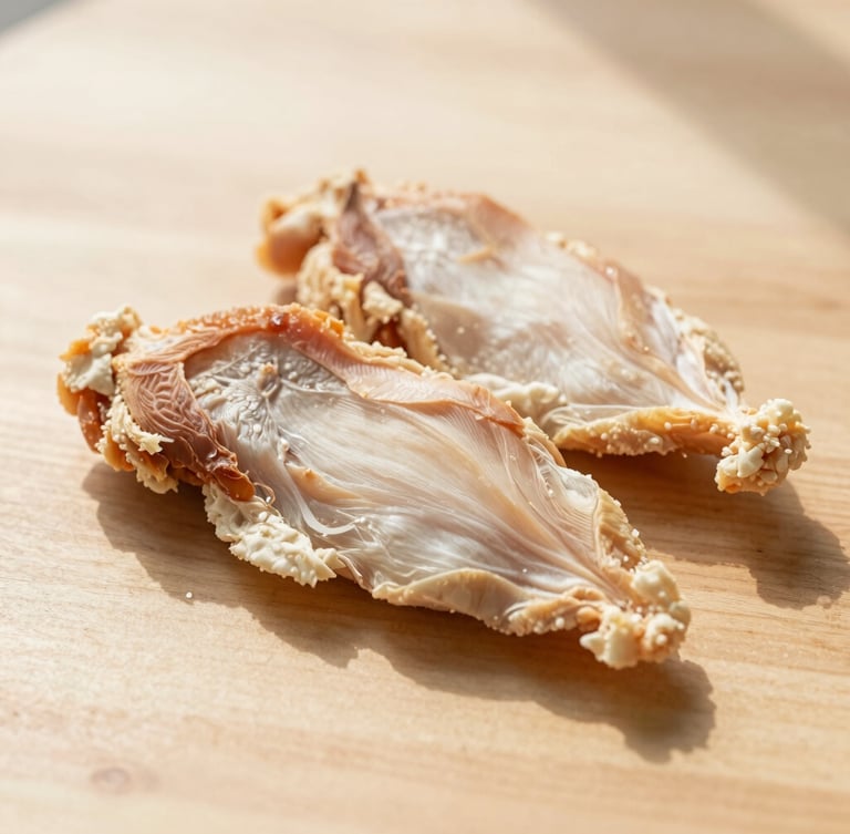 Close-up of natural dehydrated chicken breast pet treats on a clean wooden table, warm morning light, soft shadows, 35mm photography