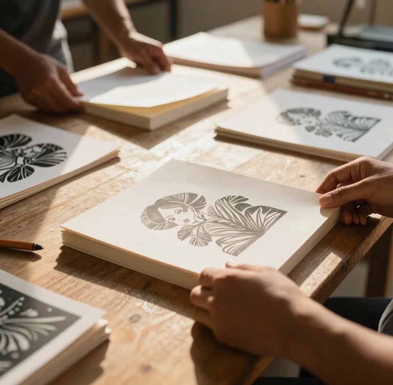 Warm natural golden-hour light illuminating a community workshop in Tocantins, hands holding newly printed books on a wooden table, close-up creative process.