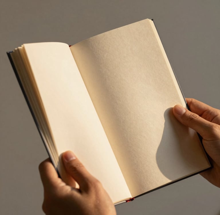 Intimate close-up of hands holding a newly printed book with textured paper, warm golden-hour light illuminating the page edges, minimalist background.