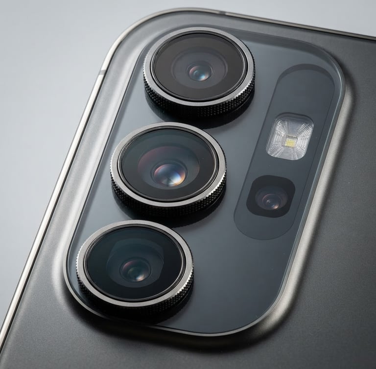 Close-up macro shot of a sleek, modern smartphone's camera array, crisp studio lighting, clean light gray background, sharp details, high-contrast, 85mm lens