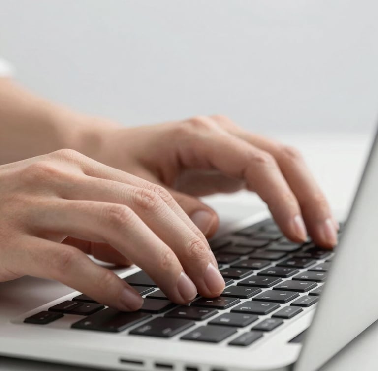 Close-up macro shot of hands interacting with a laptop's keyboard, clean studio lighting, light gray background, sharp details, high-contrast, 85mm lens