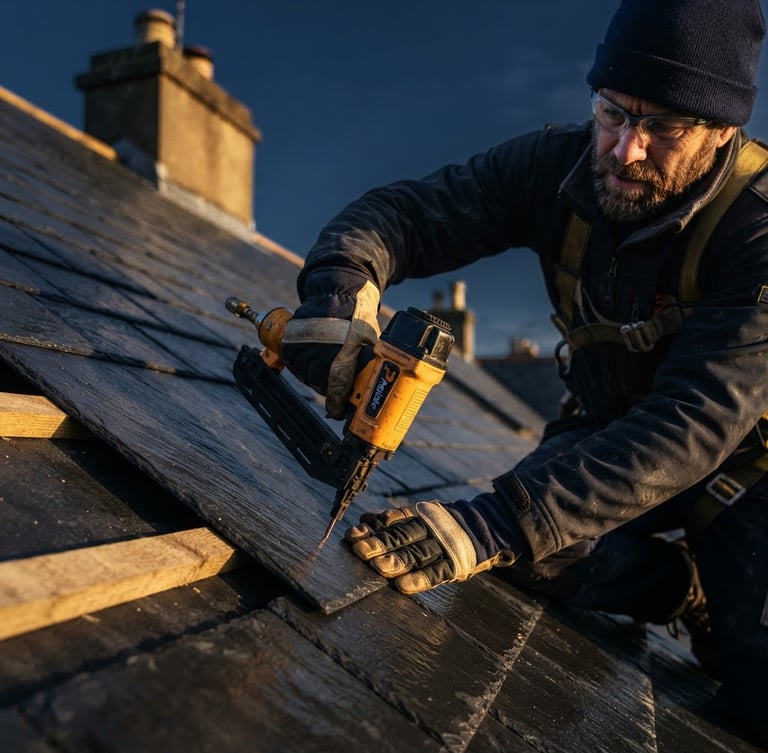 Close-up of a professional roofer securing slate tiles under crisp, morning golden-hour light, deep navy sky background, high-end editorial photography style