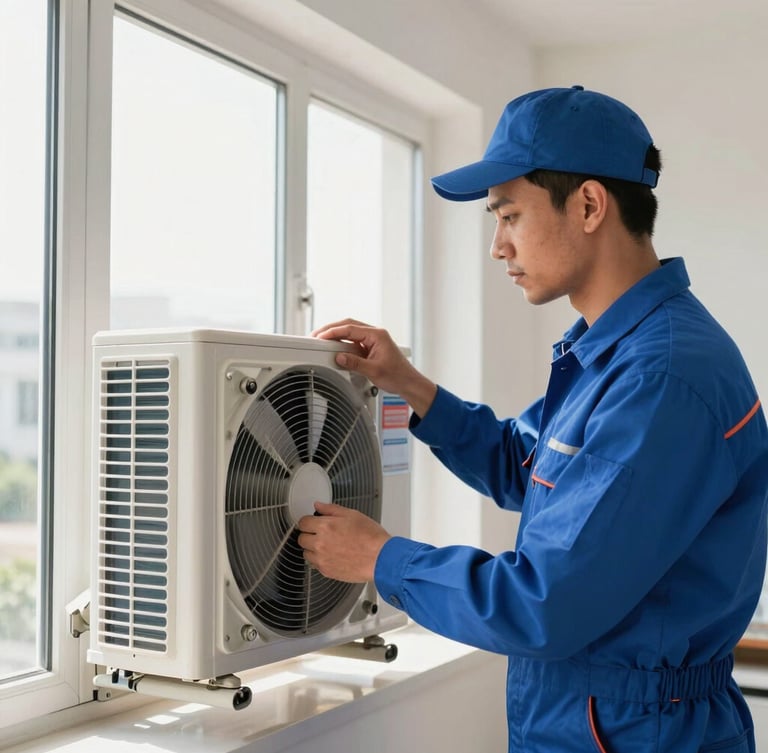 A professional HVAC technician in a clean blue uniform servicing a window air conditioner unit, checking the fan motor, bright daylight, high-contrast, modern Gurgaon apartment interior.