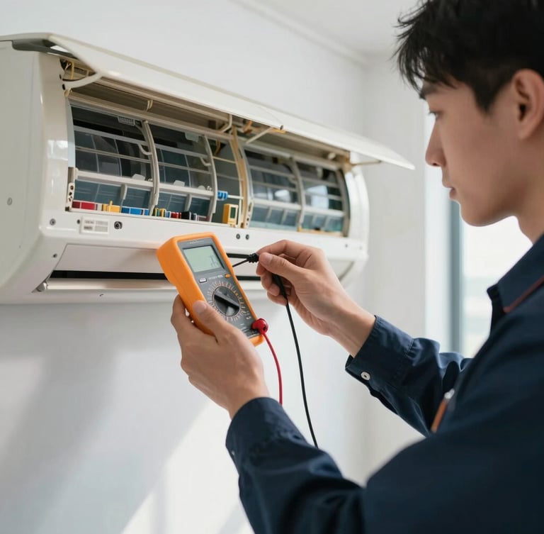 Medium close-up of a uniformed technician's hands using a digital multimeter on an open air conditioner panel, clean modern office interior, bright morning light.