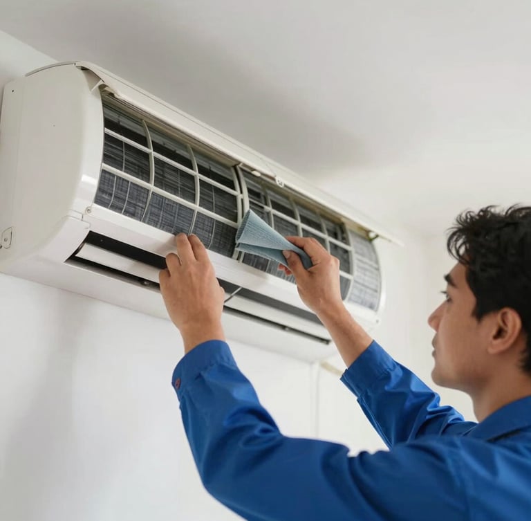 A professional technician wearing a blue uniform carefully cleaning the dust filter of a wall-mounted split air conditioner inside a modern Gurgaon apartment, bright daylight, close-up shot focusing on hands and clean filter.