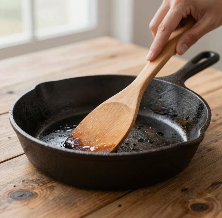 Macro shot of a seasoned cast iron skillet on a rustic wooden table, soft morning side light, hands holding a wooden spatula, 35mm