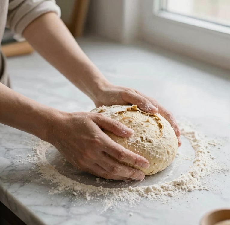 Hands kneading sourdough bread dough on a flour-dusted marble countertop, soft natural window light, warm tones, 35mm