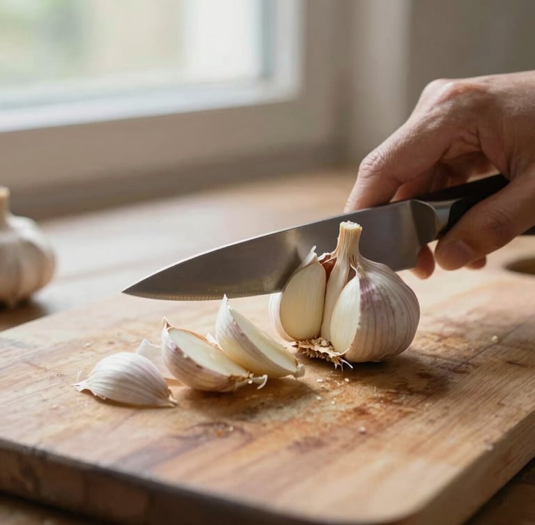 Warm editorial food photography of a sharp knife slicing fresh garlic on a worn wooden cutting board, soft natural window light, rich organic tones, shallow depth of field, 35mm