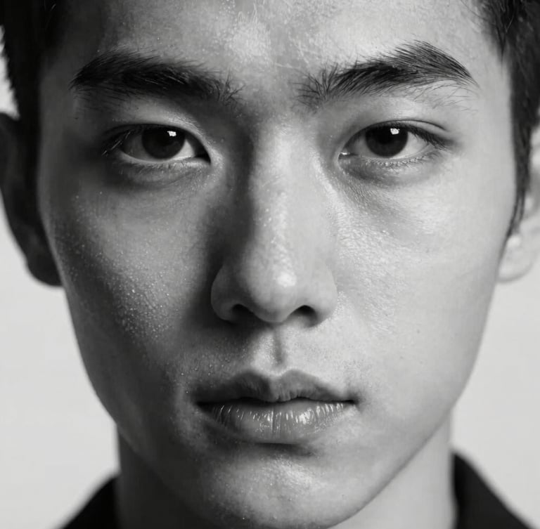 Extreme close-up fashion portrait focusing on unique facial structure, dramatic studio key light, stark monochrome, sharp focus, medium format film look.