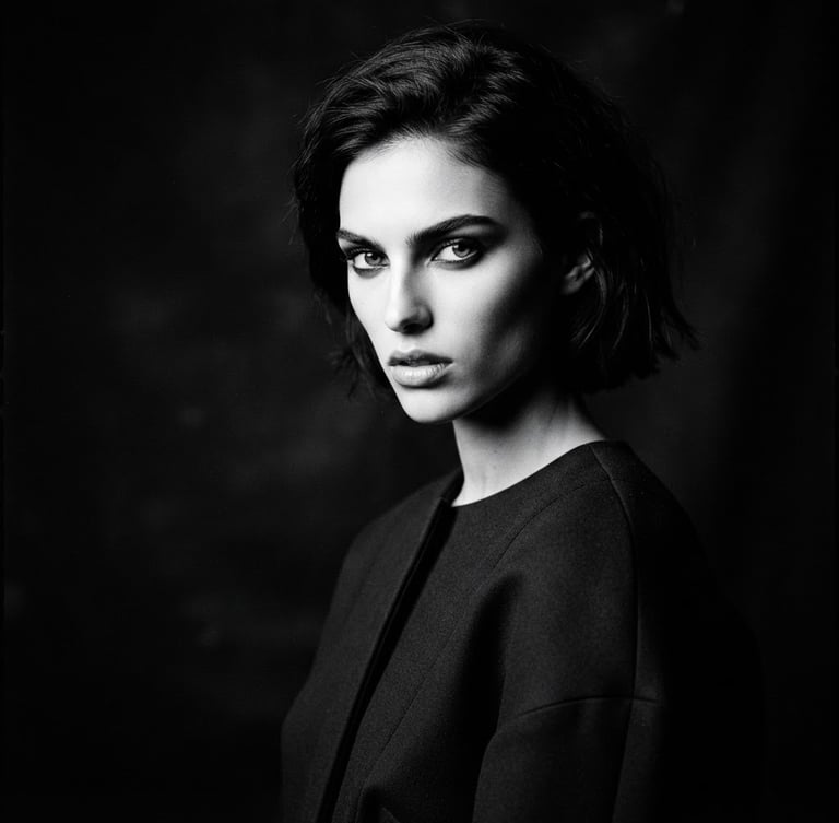Stark high-contrast monochrome fashion portrait, sharp studio key light, medium format film look, model looking directly at camera with intense gaze, off-center composition