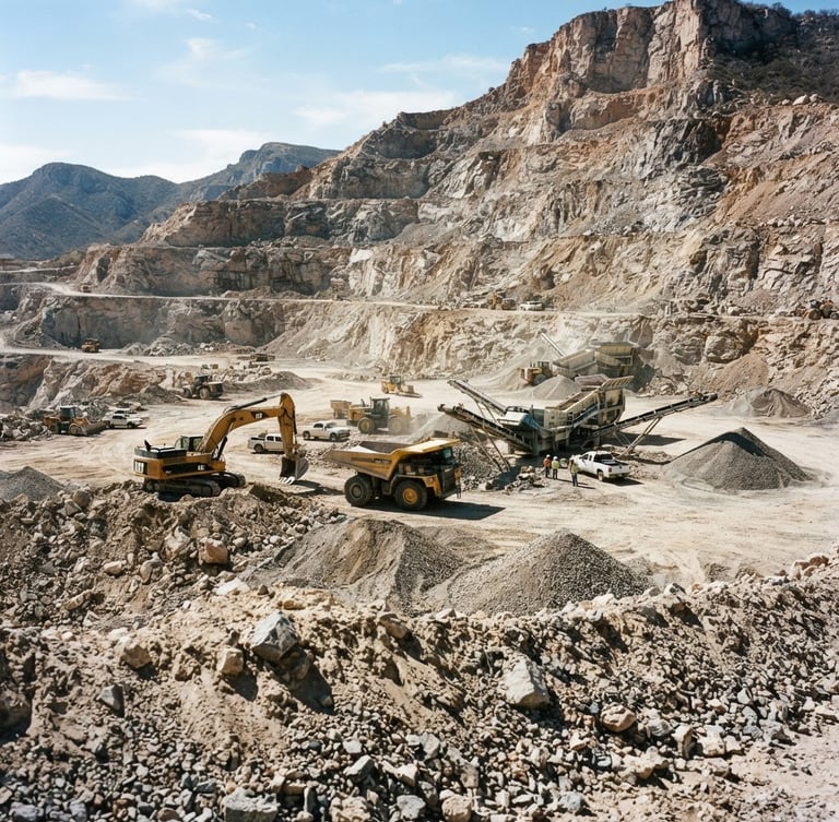 Industrial photography of a massive stone quarry in Durango under harsh direct sunlight, heavy machinery parked in the background, high-contrast sharp textures of gravel piles, 35mm