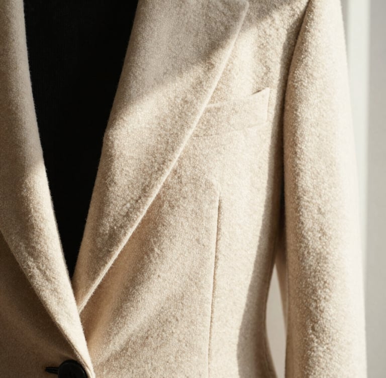 Close-up detail of high-quality beige wool fabric and structured black tailoring, warm window light casting soft shadows, elegant composition, minimalist editorial style