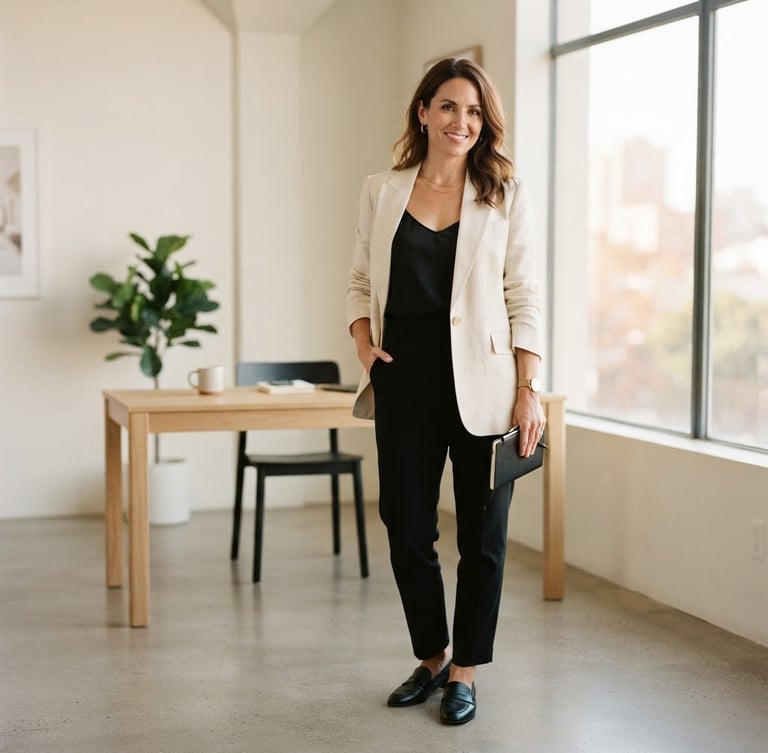 Warm editorial fashion photography of a professional woman in her late 30s wearing a tailored cream blazer, standing in a bright minimalist office with soft window light, elegant composition, 35mm film look