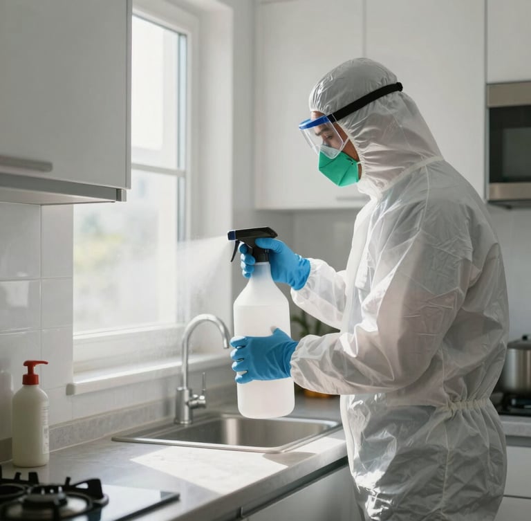A professional Kuwaiti pest control technician wearing protective gear and gloves, spraying eco-friendly treatment in a clean kitchen corner, bright natural light.