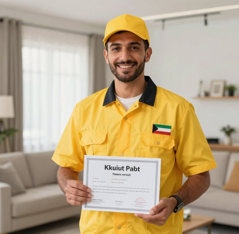 A professional Kuwaiti pest control technician in a clean branded yellow uniform, smiling warmly, holding a safety certificate, standing in a bright modern Kuwaiti living room.