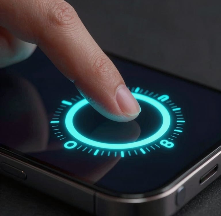 Extreme close-up macro shot of a thumb interacting with a beautifully designed digital dial on a phone screen, vibrant cyan emissive glow, shallow depth of field, realistic skin texture and glass reflection