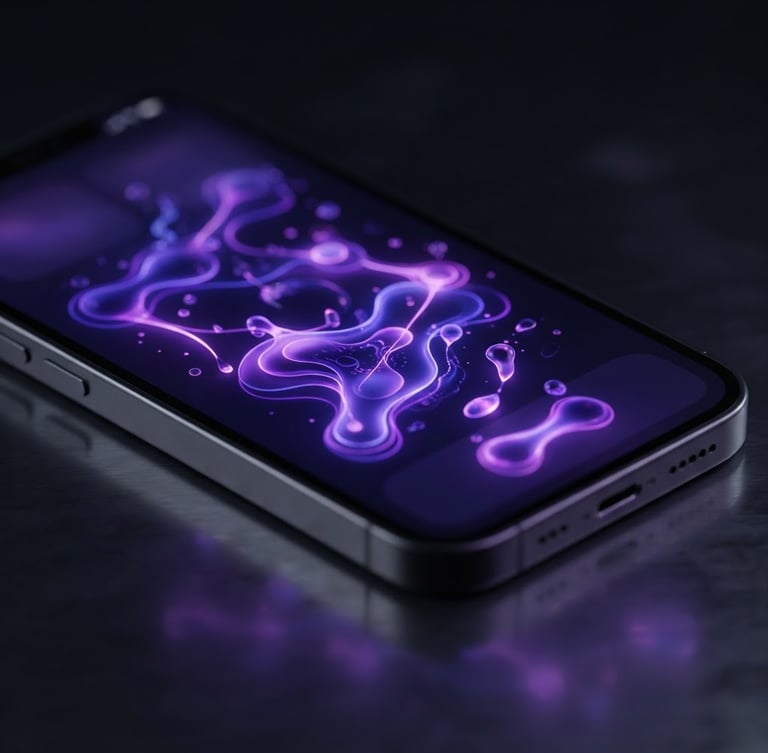 Macro 3D render of a sleek aluminum smartphone screen showing glowing neon purple fluid interface elements, moody dark studio lighting, angled isometric view.