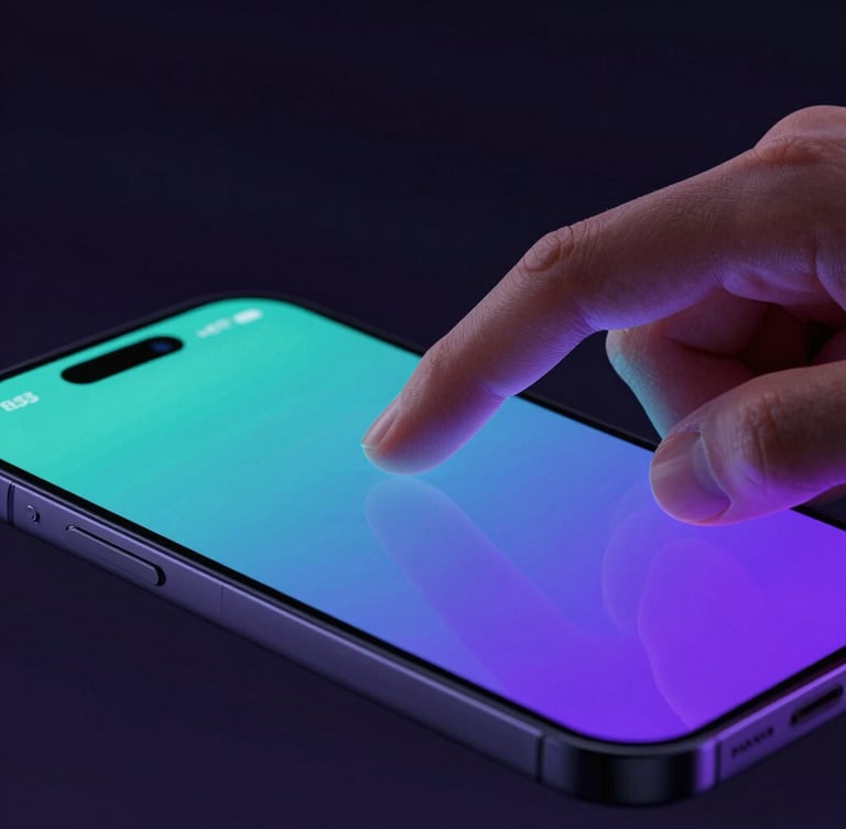 Extreme close-up of a hand interacting with a sleek mobile screen, moody low-key studio lighting with cyan and purple emissive light leaks, macro depth of field