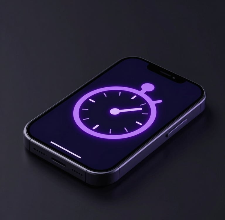 Sleek 3D product render of a mobile screen displaying a minimalist stopwatch interface, moody dark studio lighting, vibrant purple neon accents, macro depth of field, isometric angle