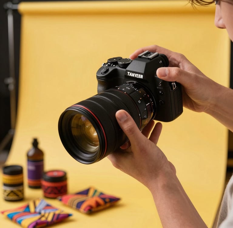 Close-up of a designer holding a professional camera, styling colorful local products on a bright yellow backdrop, high-key studio lighting.