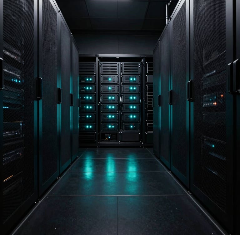 Extreme wide angle of a dark, pristine server room with glowing cyan status indicators reflecting on polished black floors, high-contrast low-key lighting.