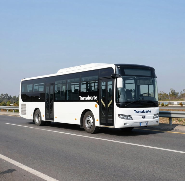 Wide-angle commercial shot of a modern Transduarte corporate bus driving on a clean highway under bright daylight, crisp details, 35mm