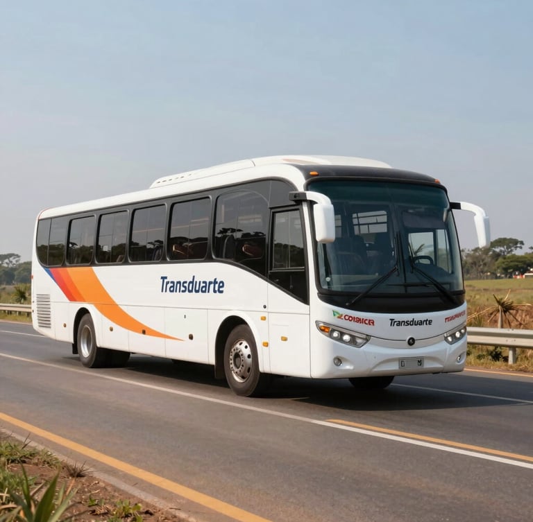 Wide-angle exterior shot of a modern clean Transduarte bus driving on a sunlit highway in Goiás, warm daylight, professional commercial photography, 35mm