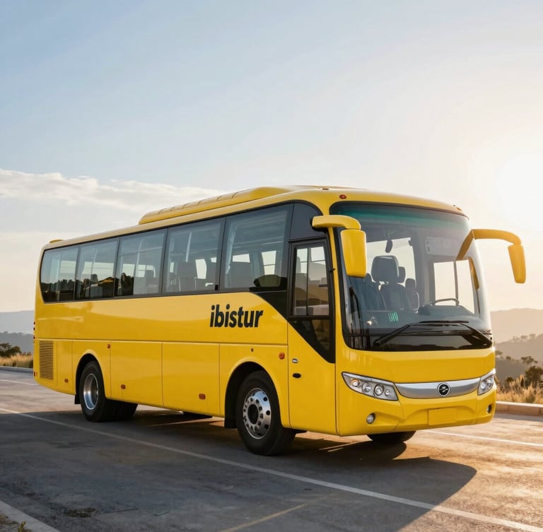 Medium shot of a modern yellow Ibistur tourism bus parked at a scenic viewpoint during golden hour, warm sun flare, professional photography