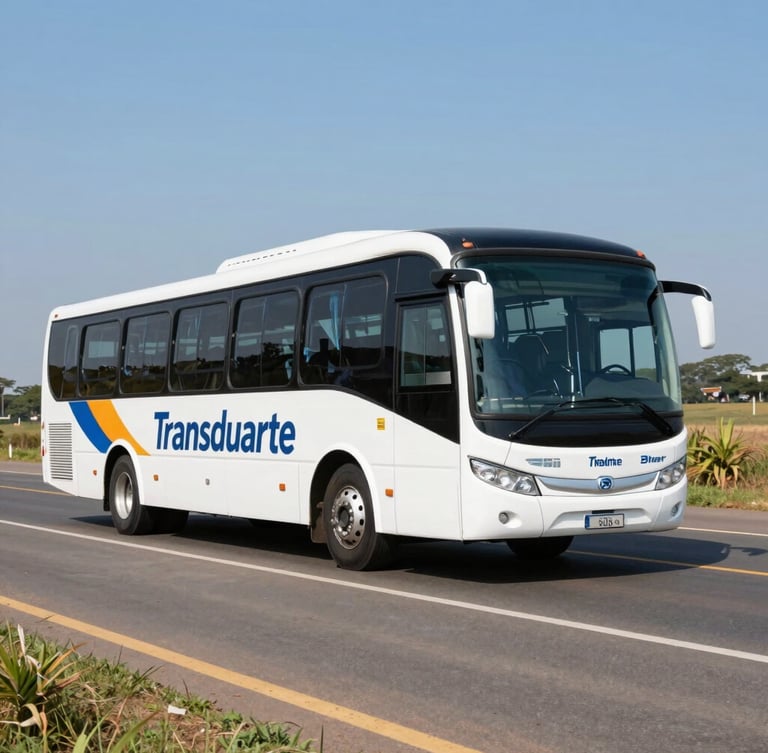 Wide-angle exterior shot of a modern Transduarte bus on a clean highway in Goiás, bright natural daylight, crisp corporate colors, 35mm