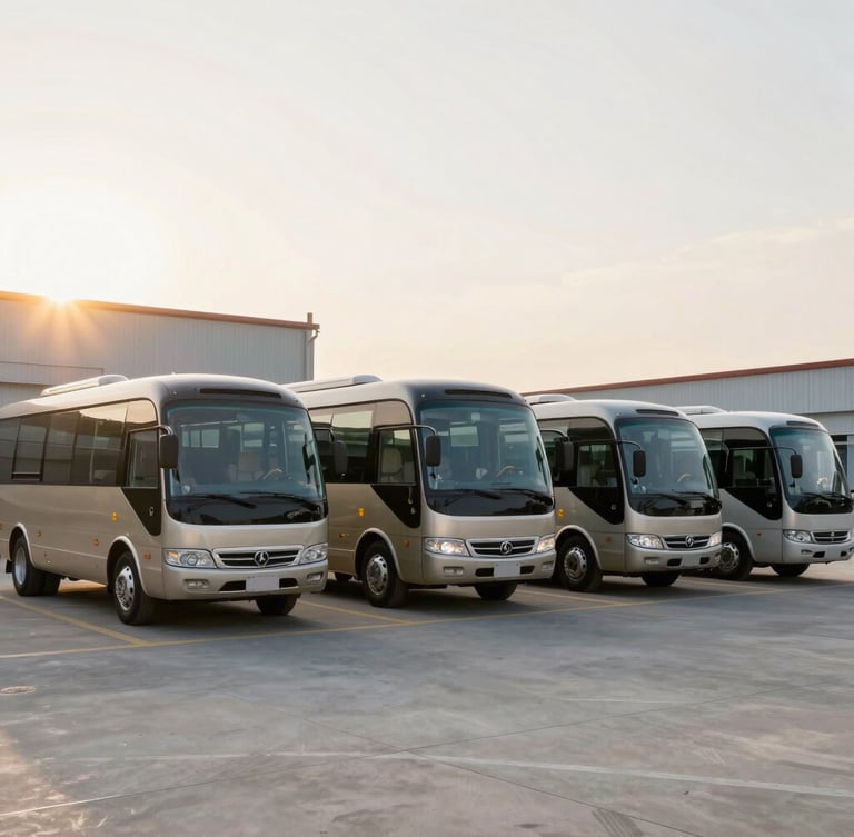 Modern corporate charter bus fleet parked in a clean courtyard, warm golden hour sun flare, professional commercial photography, 35mm