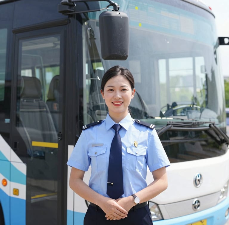 Medium portrait shot of a professional uniformed driver smiling next to a modern bus, bright natural daylight, clean composition