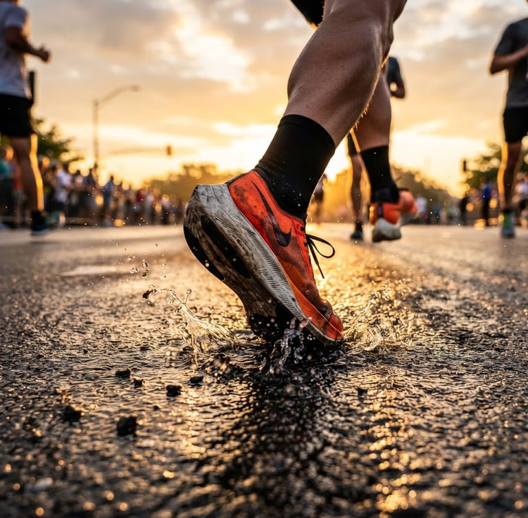Low-angle heroic action shot of a runner's shoes striking wet asphalt at sunrise, high-contrast early morning sunlight with long dramatic shadows, intense saturated athletic tones