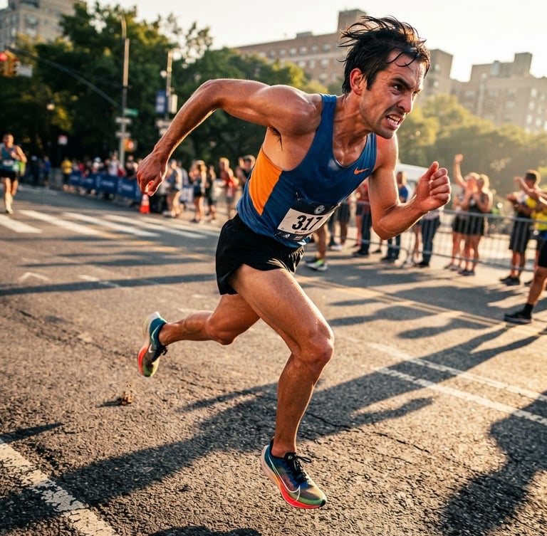Low-angle heroic action shot of a marathon runner mid-effort, sweat glistening on skin, early morning sunlight casting dramatic shadows on the asphalt, intense saturated athletic tones.