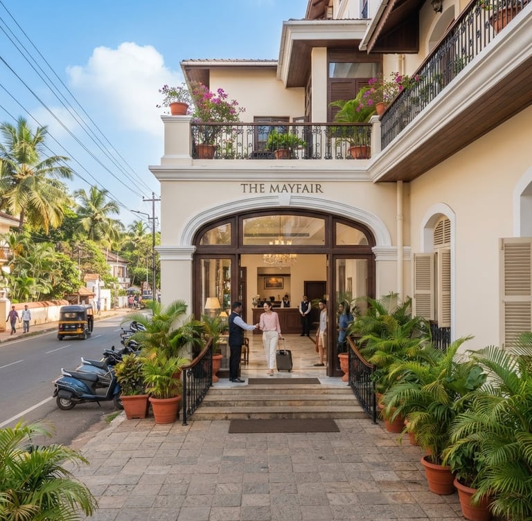 Bright exterior photography of a clean city hotel entrance in Margao Goa during daytime, clear blue sky, realistic