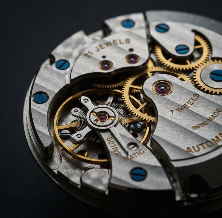 Extreme macro shot of a mechanical watch movement, golden gears and balance wheel, dramatic side-lit studio lighting, deep charcoal background, sharp focus on mechanical details