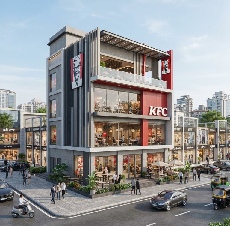 Wide-angle architectural exterior of a modern, multi-story KFC franchise outlet in an upscale Indian commercial district, bright clean daylight, sharp focus, 35mm lens