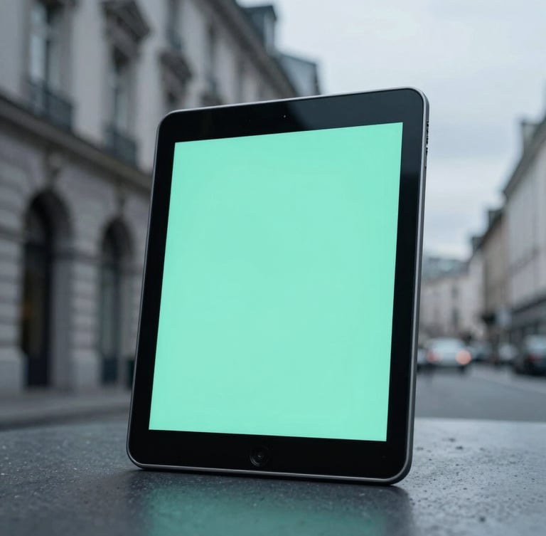 Macro close-up of localized digital ad mockups on a sleek tablet, overcast daylight, desaturated blues with sharp mint accents, 35mm.