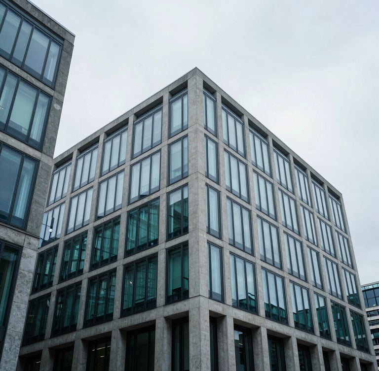 Low-angle architectural shot of a minimalist concrete and glass corporate headquarters in London, overcast cool daylight, sharp lines, 35mm photography
