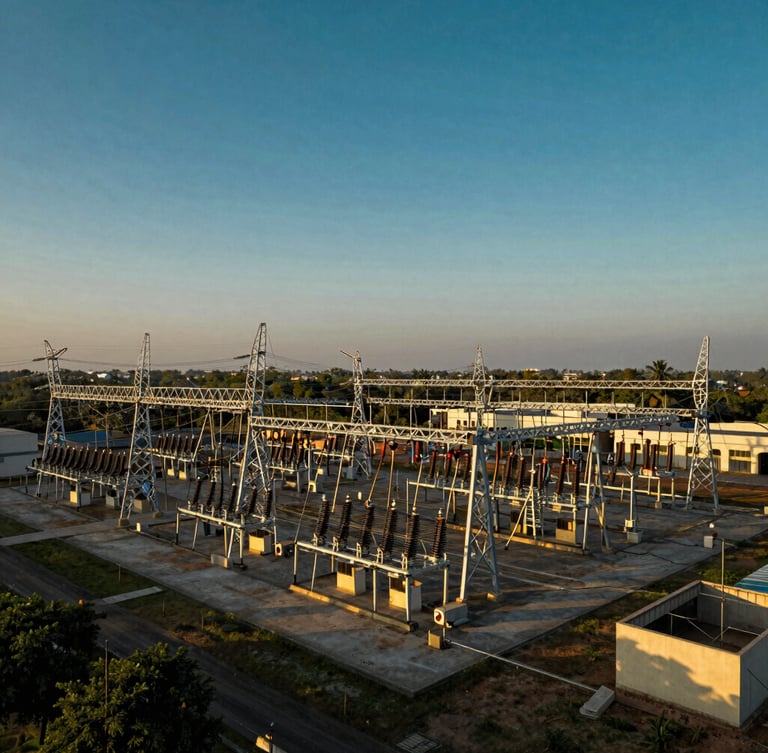 Wide-angle architectural scale shot of massive high-voltage substation infrastructure in Karnataka, clean geometric lines, low-sun golden hour, high contrast