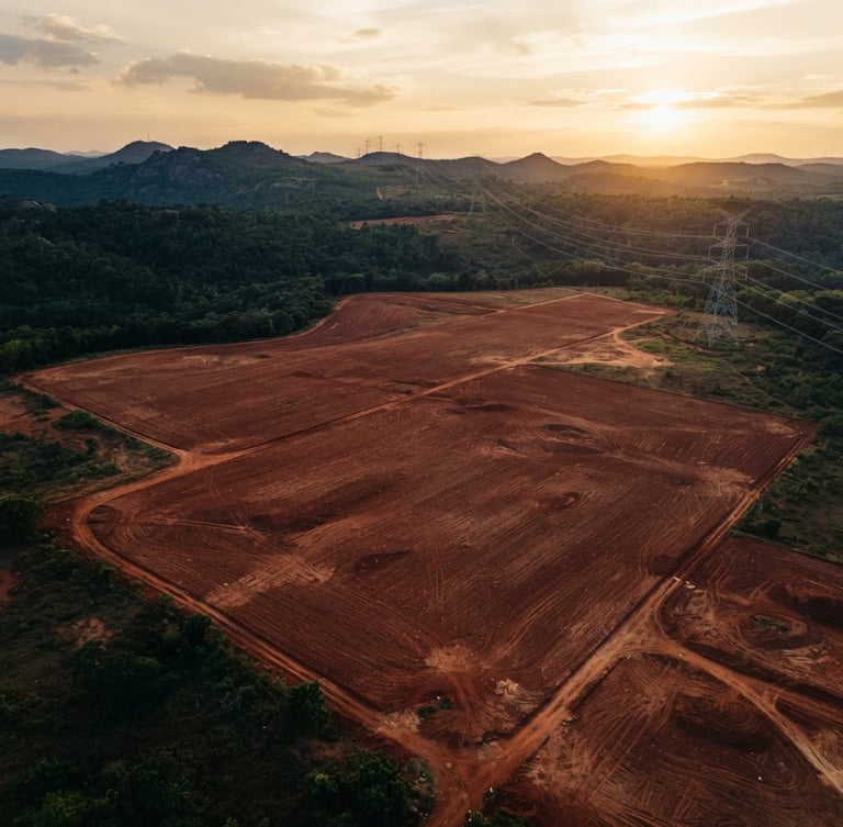 High-altitude aerial editorial photography of vast, cleared red-soil land parcel in Karnataka, high-voltage transmission lines in the background, golden-hour sunlight, 35mm