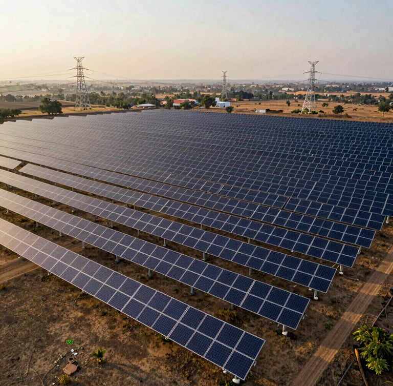 High-altitude drone photography of a massive solar energy array stretching across the dry plains of Karnataka, high-voltage transmission towers in the background under crisp golden hour sunlight