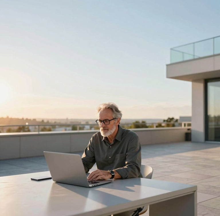 Wide environmental portrait of a senior software engineer working on a sunlit terrace, architectural lines, bright natural daylight, sharp focus