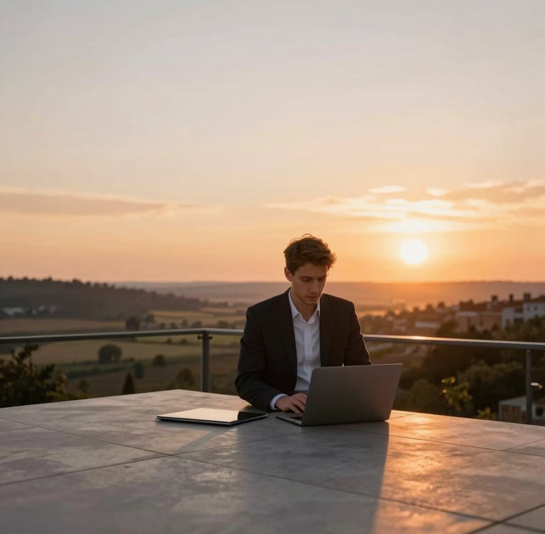 Wide editorial shot of a professional working on a sun-drenched terrace overlooking a quiet valley, warm sunset orange light, sharp focus