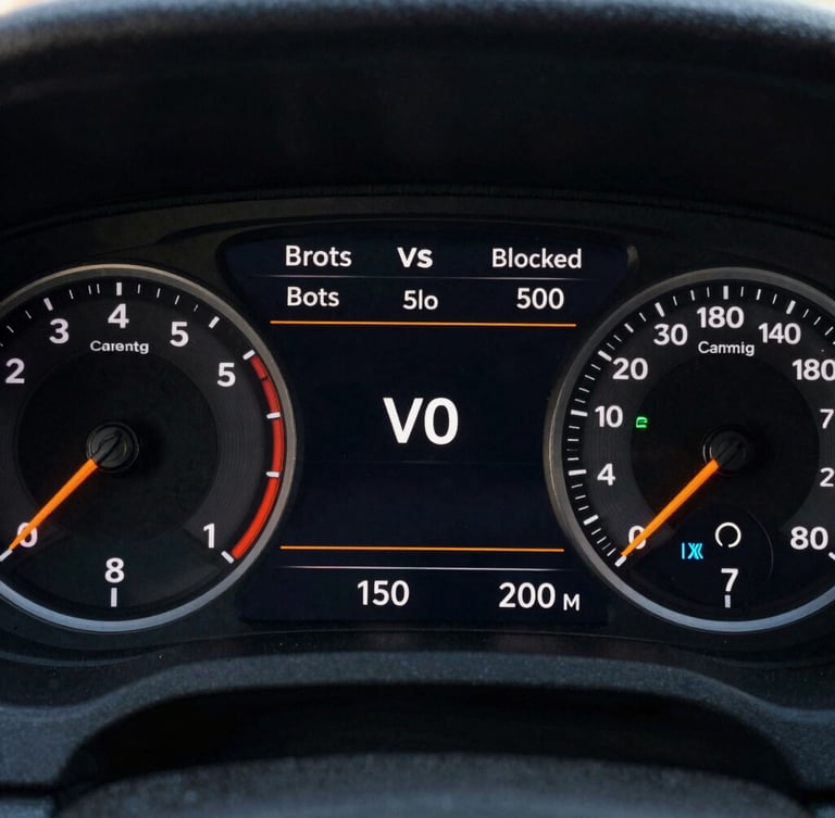 High-contrast digital rendering of a technical dashboard showing clean traffic vs blocked bots, crisp UI elements, safety orange accent lines, dark charcoal background