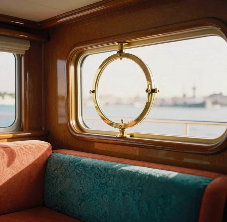 Interior of a boutique luxury yacht cabin, sun-drenched brass porthole, rich colorful textiles in terracotta and teal, warm golden light, shallow depth of field.