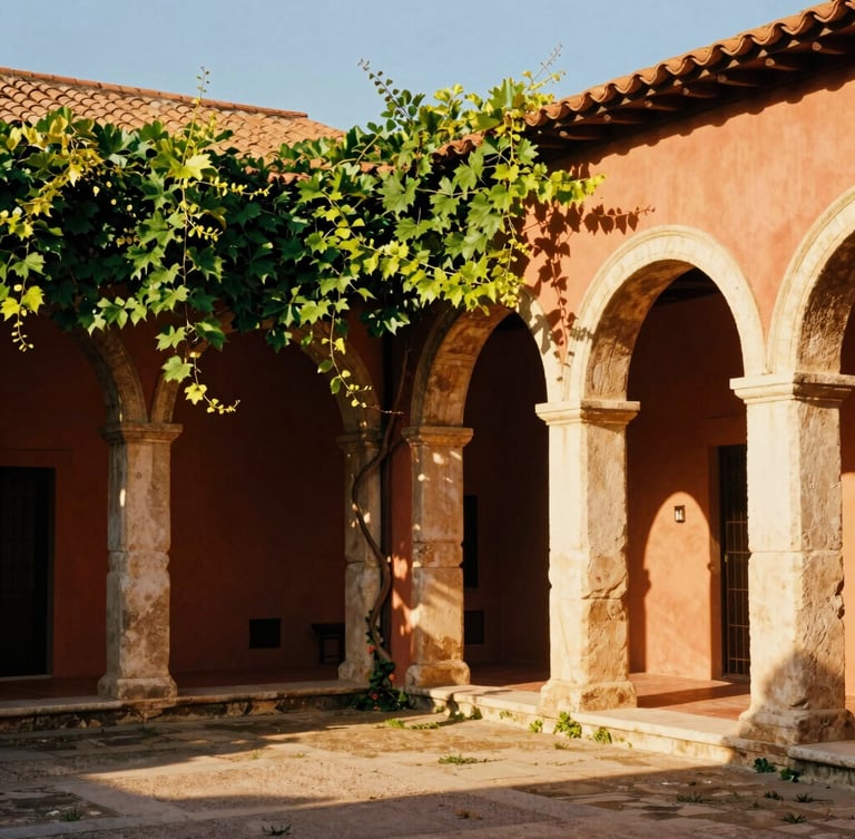 Sun-drenched ancient Roman courtyard with terracotta walls, warm golden-hour light streaming through stone arches, lush green vines, vibrant editorial photography, highly saturated rich colors, 35mm film aesthetic, shallow depth of field