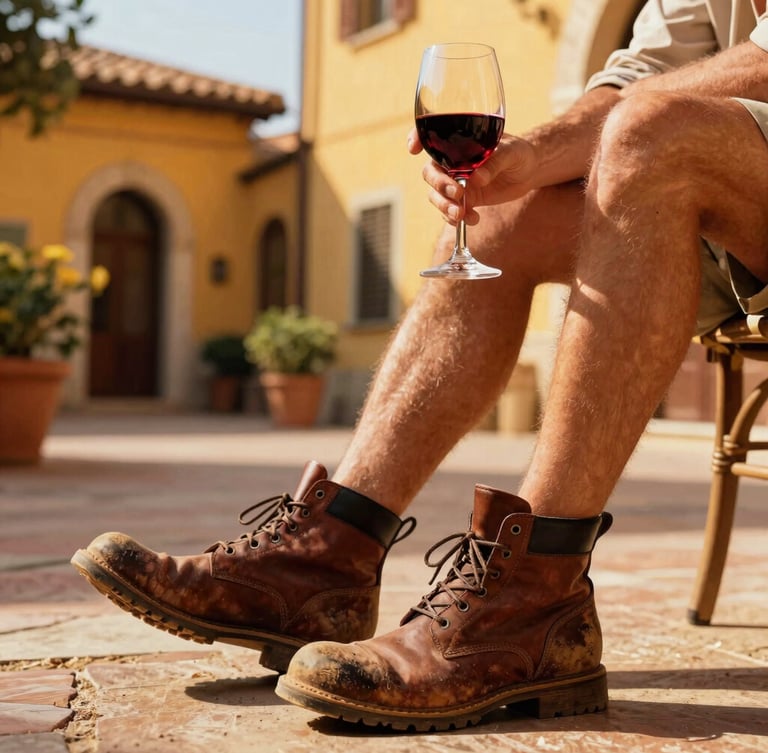 A traveler with dusty leather boots sitting in a sun-drenched Italian courtyard, holding a glass of red wine, warm golden-hour light, vibrant editorial photography, highly saturated rich colors, 35mm film aesthetic, shallow depth of field