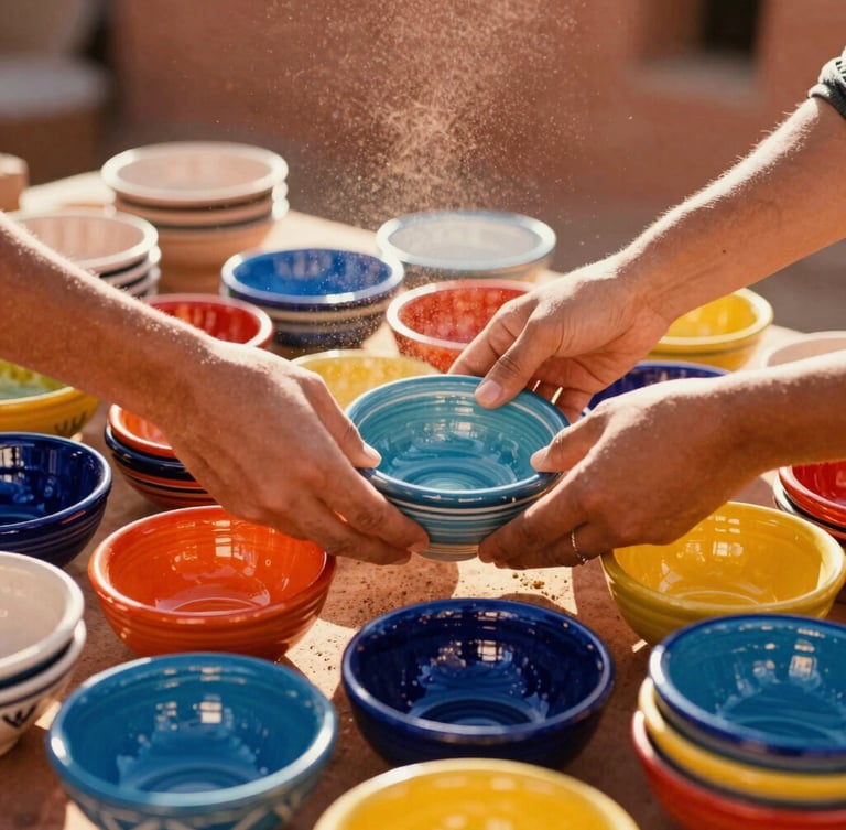 Vibrant close-up of hands arranging colorful ceramic bowls in a sun-lit Moroccan workshop, warm terracotta dust in the air, golden-hour light.