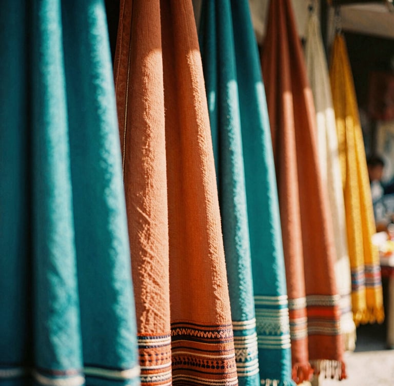 Vibrant close-up of sun-drenched Moroccan textiles hanging in a bustling market street, rich terracotta and teal colors, warm golden-hour light, 35mm film aesthetic.