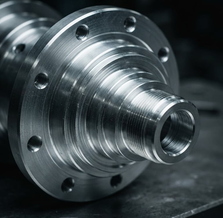 Macro photograph of a complex turned aluminum component with visible precise tool paths, cool metallic tones, high-contrast industrial lighting, 35mm